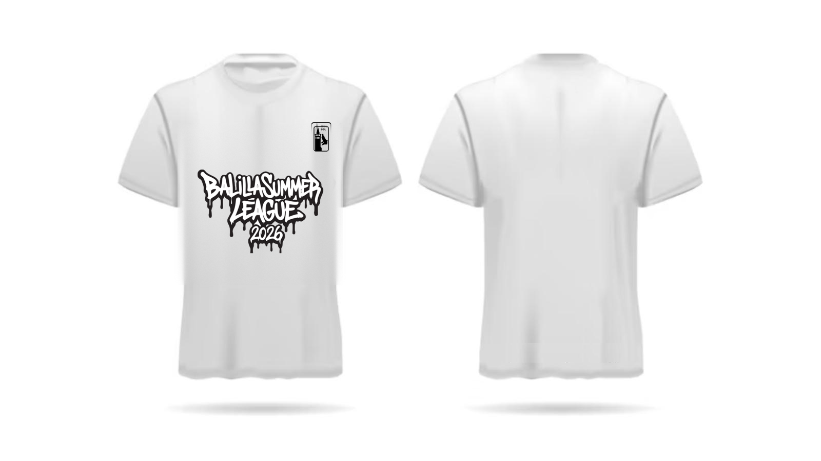 Mockup della T-shirt ufficiale BSL 2026 (fronte e retro) con il logo graffiti Balilla Summer League 2026
